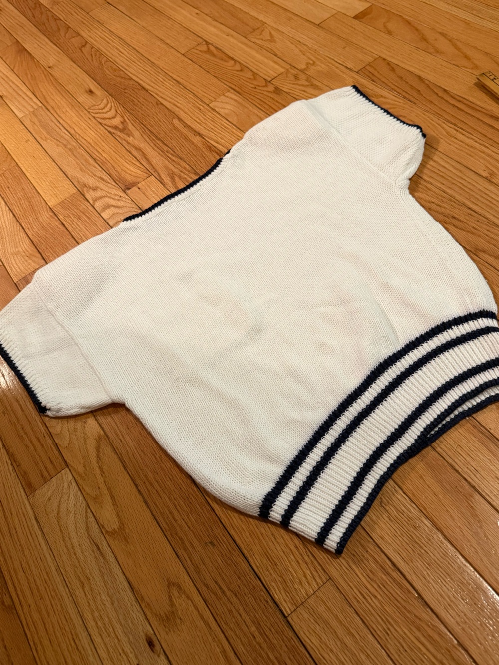 White Short Sleeve Knit Top with Navy Trim Gold Button Detail yacht club coastal - Picture 5 of 7